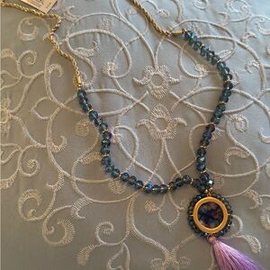 Lilly Pulitzer Blue Beaded Necklace with Purple Tassel 79 NWT